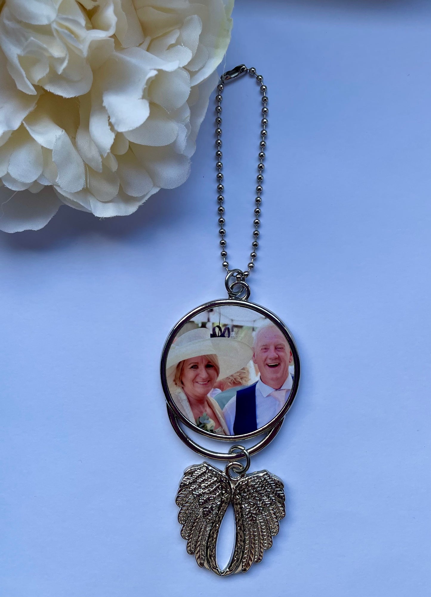 Double Sided Photo Memorial Hanging Charm with Angel Wings